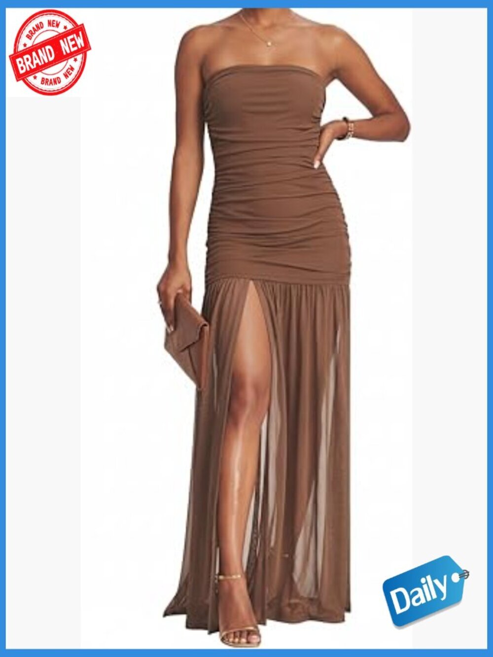 Strapless Tube Top Ruched Maxi Dress Bodycon High Slit Mesh